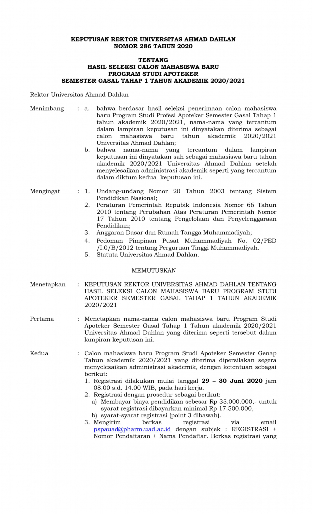 Hasil Seleksi Profesi Apoteker Universitas Ahmad Dahlan